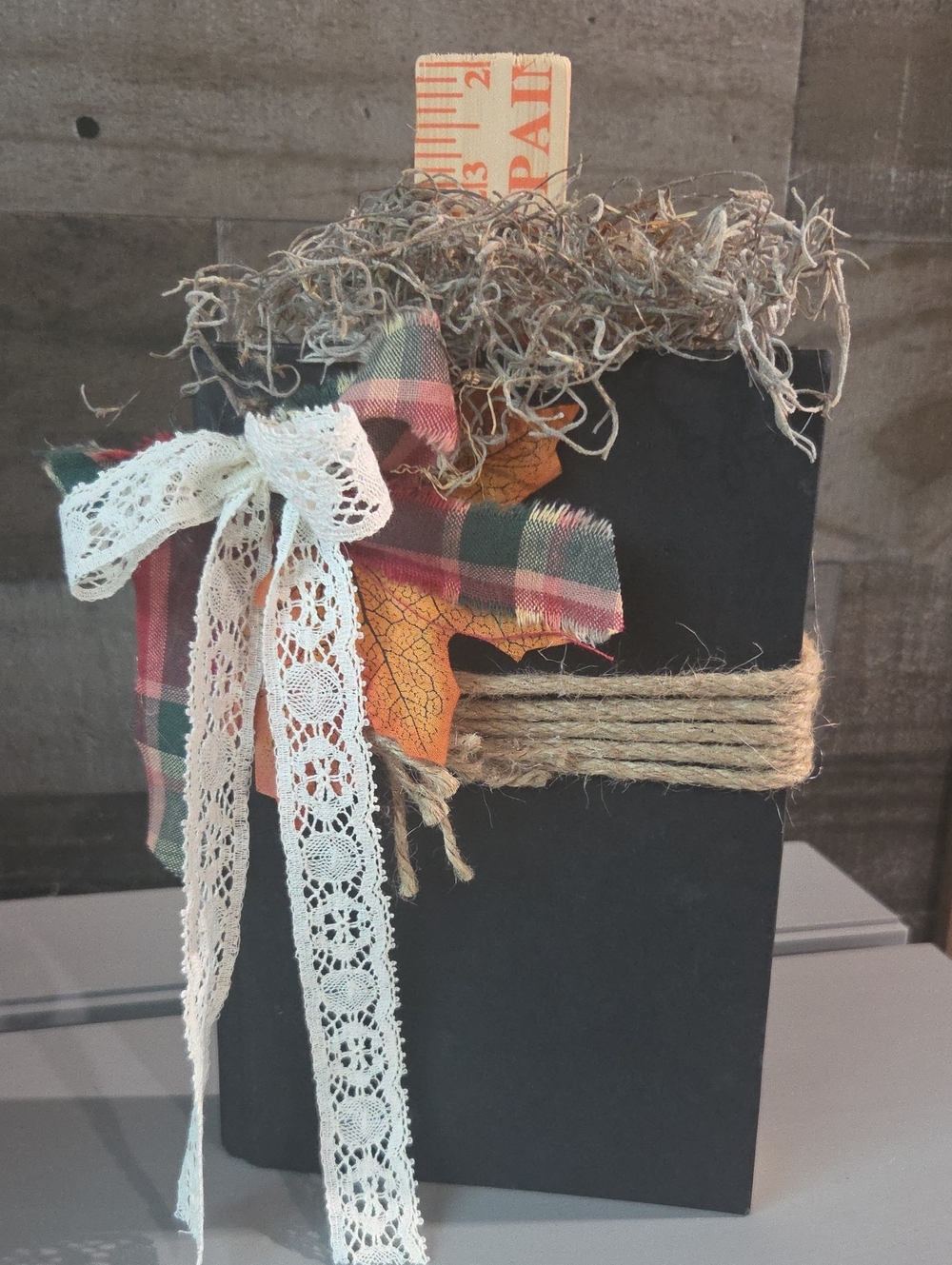 Black Rustic Home Art Upcycled Book Pumpkin with Plaid Accent and Lace Bow